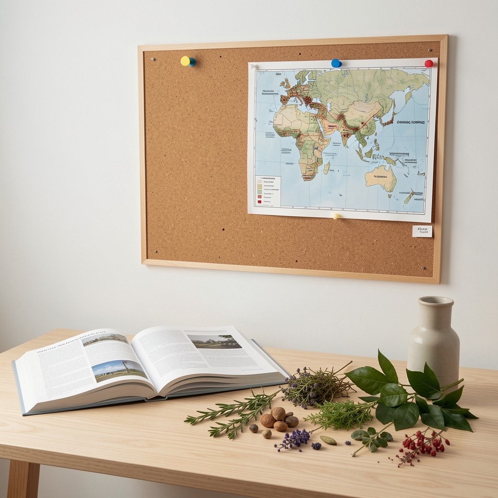 Editorial workspace with open research journals, an ingredient sourcing map pinned to a cork board, and a collection of botanicals arranged neatly on a pale oak desk under controlled studio lighting