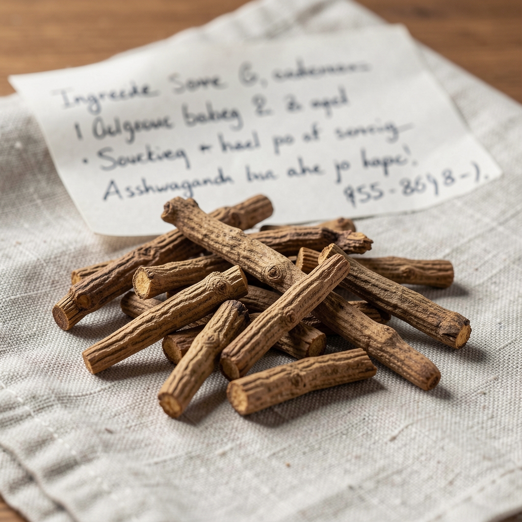 Close-up of dried ashwagandha root pieces laid out on a linen cloth with handwritten ingredient sourcing notes in the background