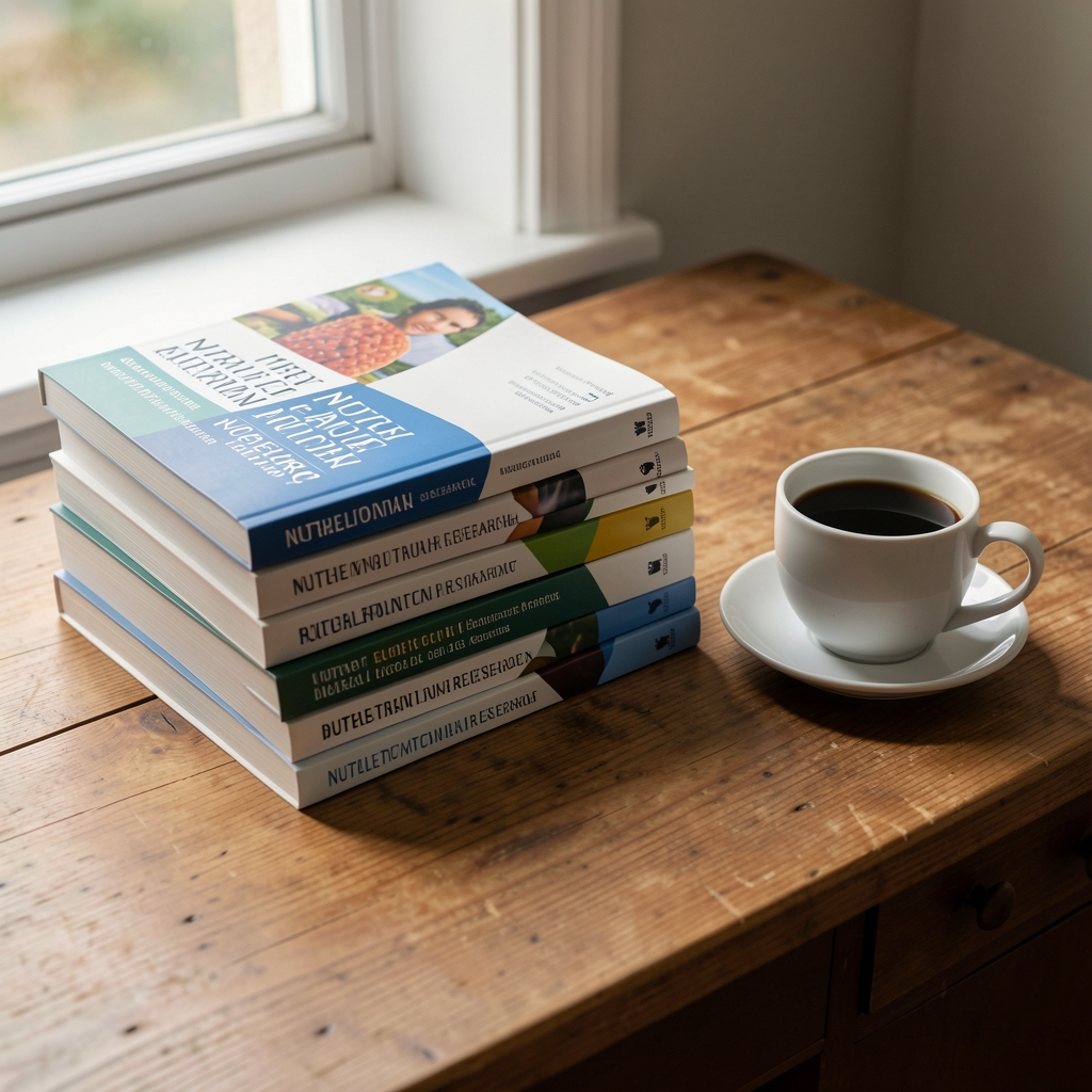 Stack of published nutritional research journals on a wooden desk beside a cup of black coffee in natural morning window light
