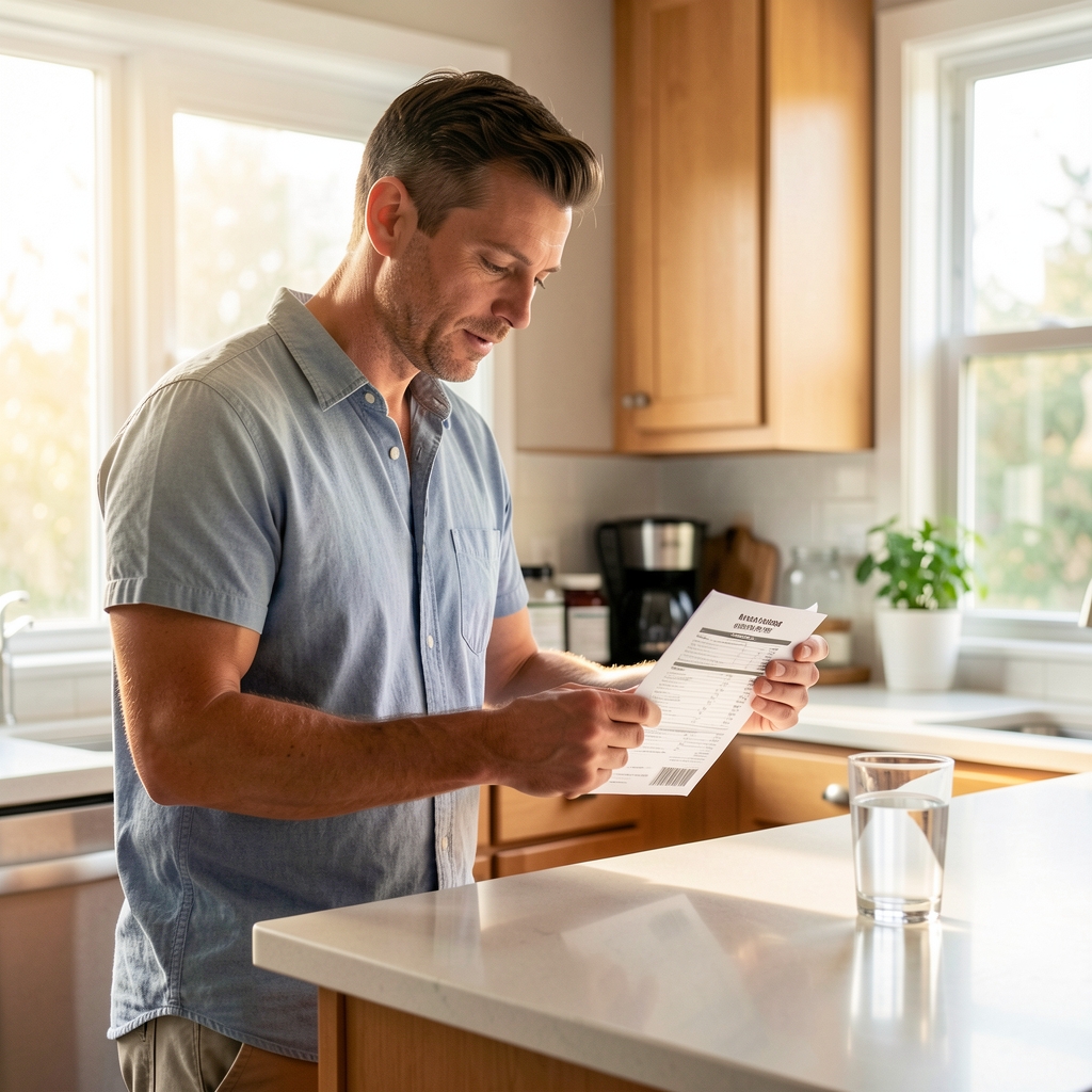 Man in his mid-thirties reviewing a supplement formulation label at a kitchen island, wearing casual morning attire with a glass of water nearby and morning light streaming through a window