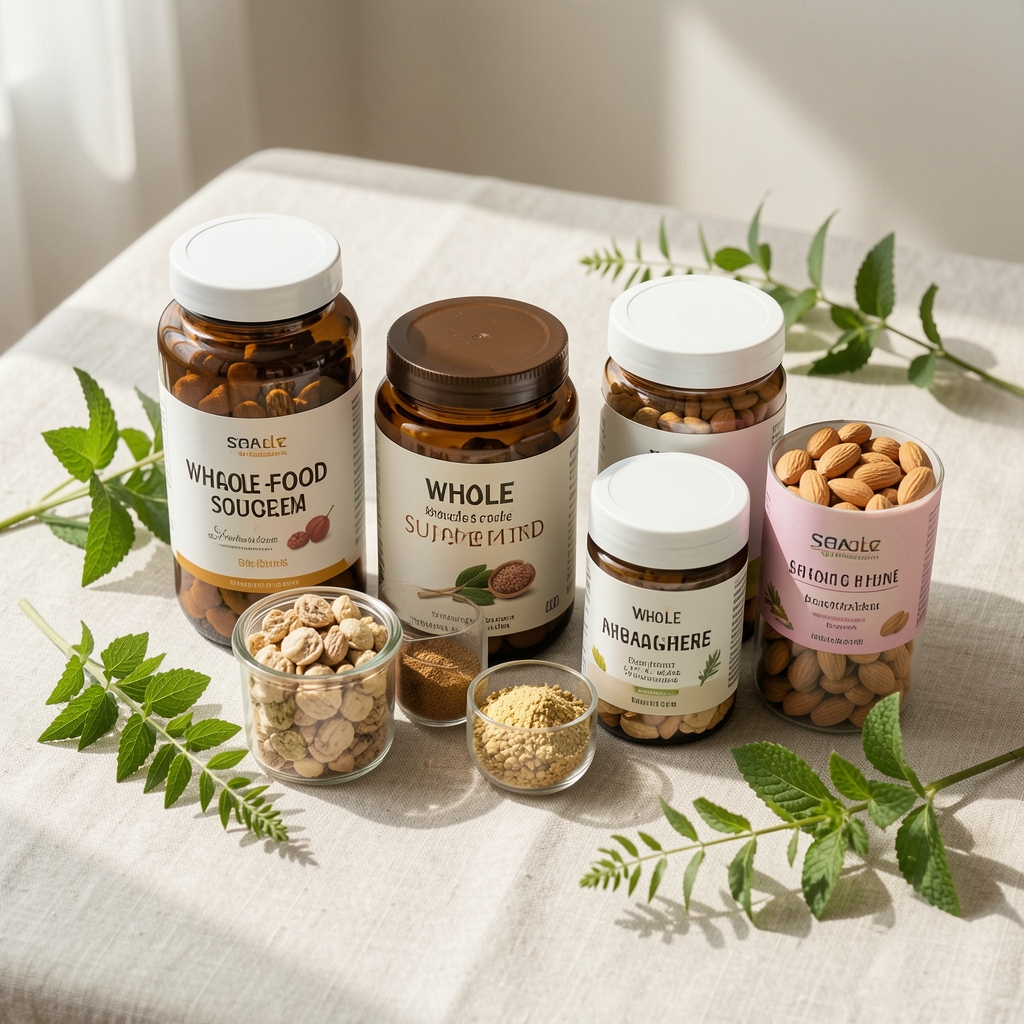 Assortment of whole-food sourced supplement servings arranged on a pale linen surface in natural daylight, with botanical plant cuttings alongside