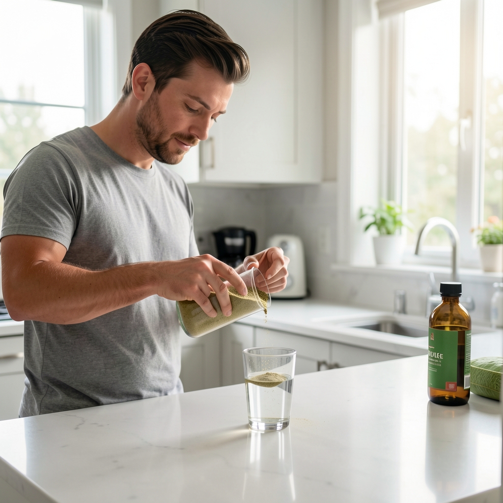 Man preparing his morning wellness routine at a well-lit kitchen counter, measuring out plant-based supplement powder into a glass of water