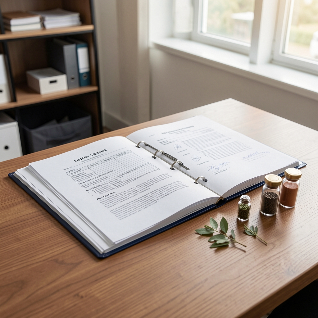 Supplier sourcing documentation folders open on a wooden desk in a well-lit office, with botanical ingredient samples in small glass vials arranged beside the papers