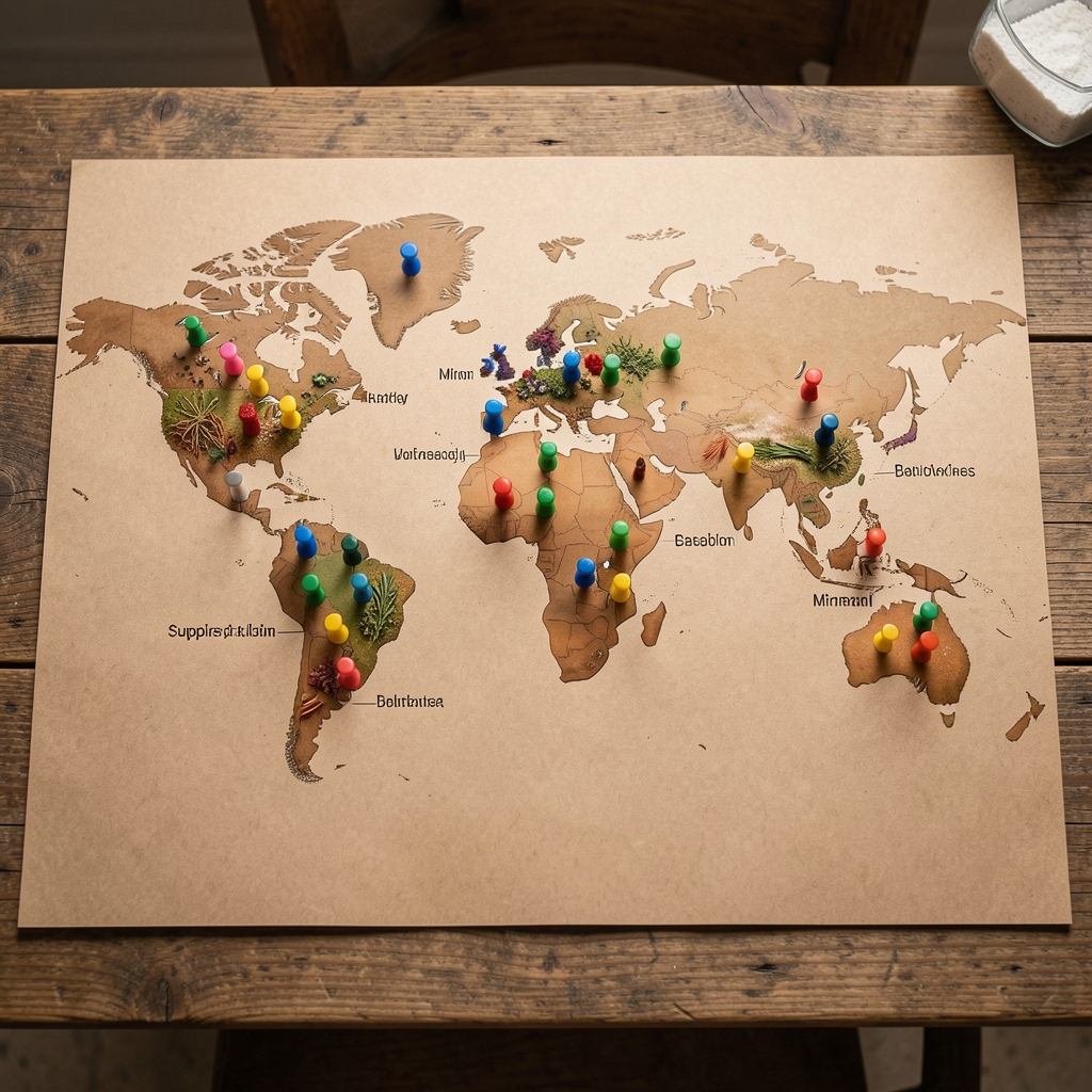 Large world map printed on kraft paper with coloured pins marking supplier origin locations for botanical and mineral ingredients, laid flat on a wooden table
