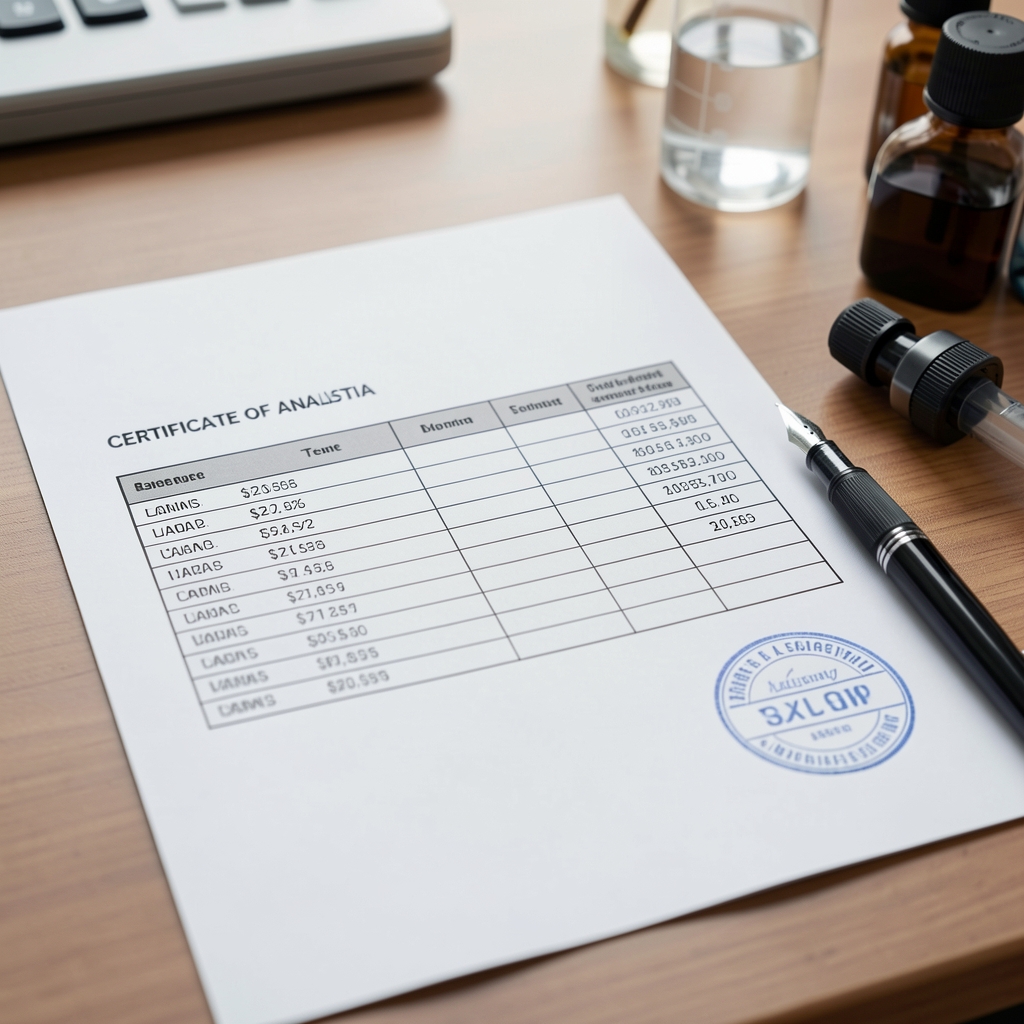 Close-up of a Certificate of Analysis document on a desk with an ink pen resting beside it, showing test results columns and a laboratory stamp in a quality-control environment