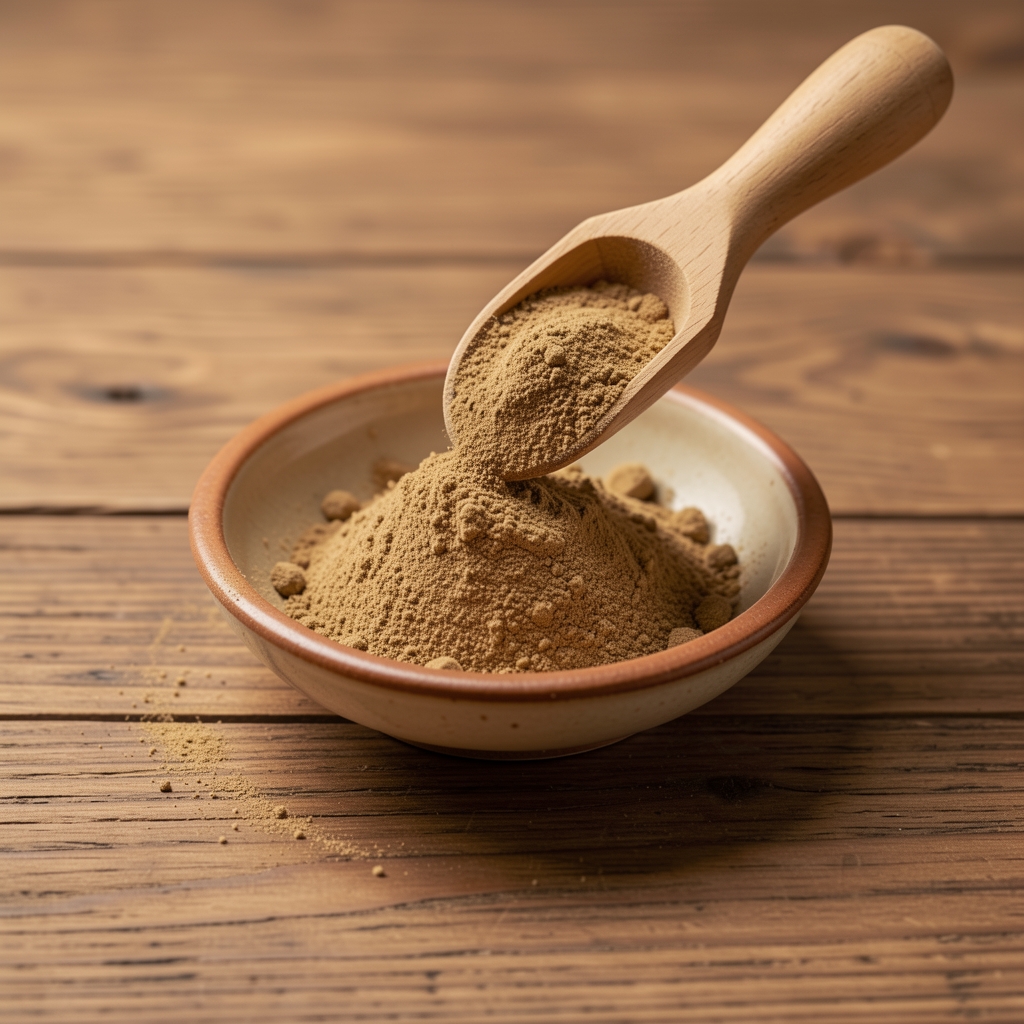 Ashwagandha root extract powder measured into a small ceramic bowl on a wooden surface under controlled studio lighting