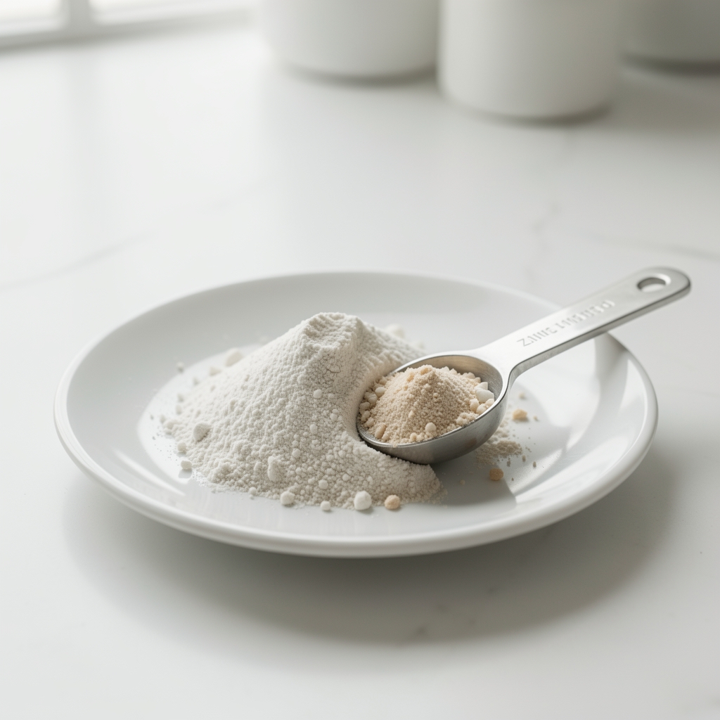 Zinc and magnesium mineral supplement serving displayed on a white ceramic plate with measuring spoon in a clean workspace environment
