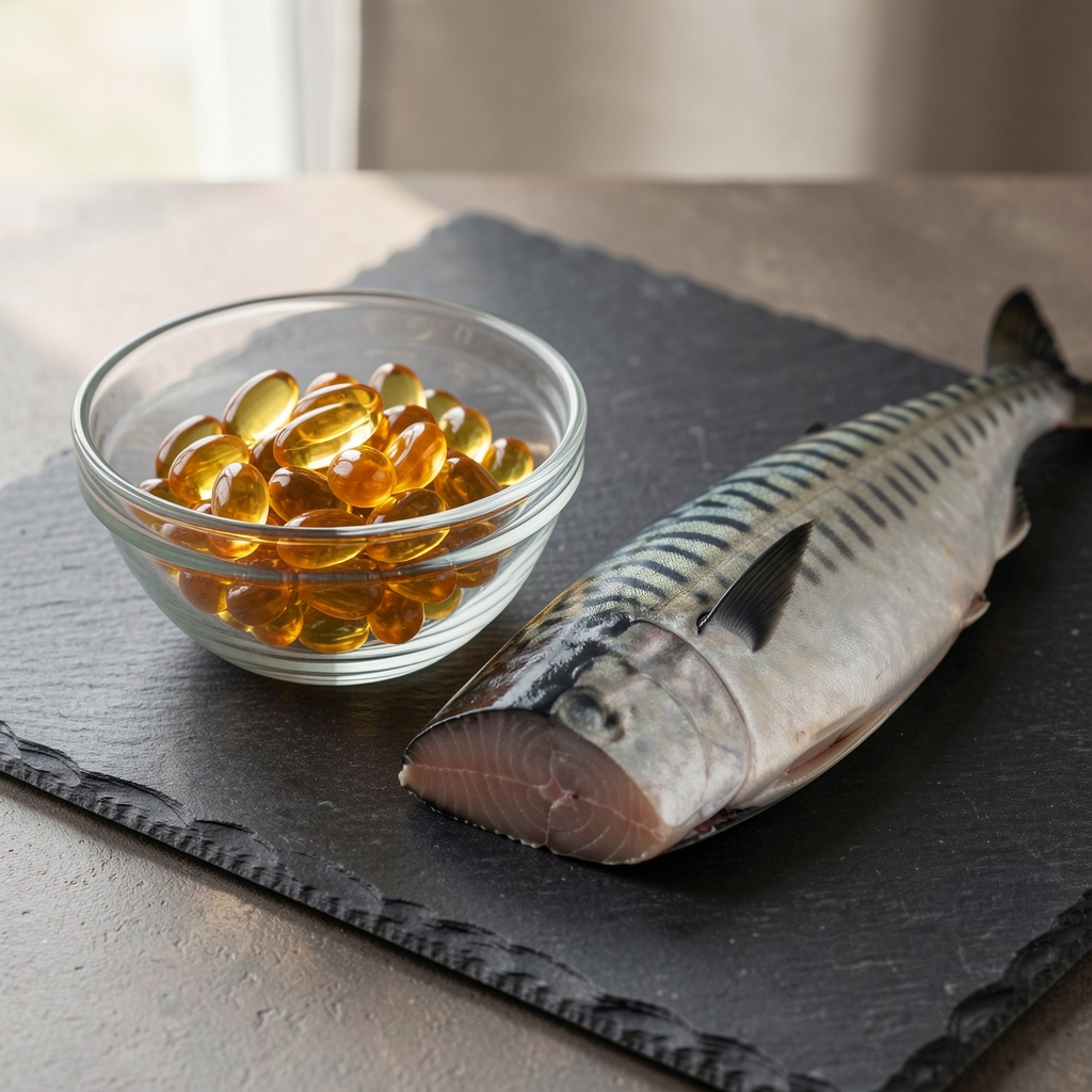 Nordic fish oil soft-gel supplement servings in a glass bowl beside fresh mackerel fillet on dark slate surface with natural side lighting
