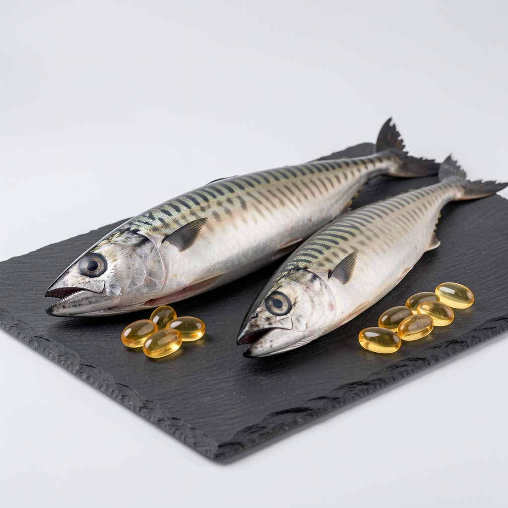 Nordic fish oil soft-gel supplement servings displayed beside a whole mackerel fillet on dark slate under controlled studio lighting with clean background
