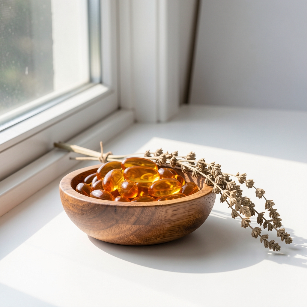 Vitamin D3 soft-gel servings in a small wooden bowl beside a sun-exposed window with a sprig of dried herb and white background