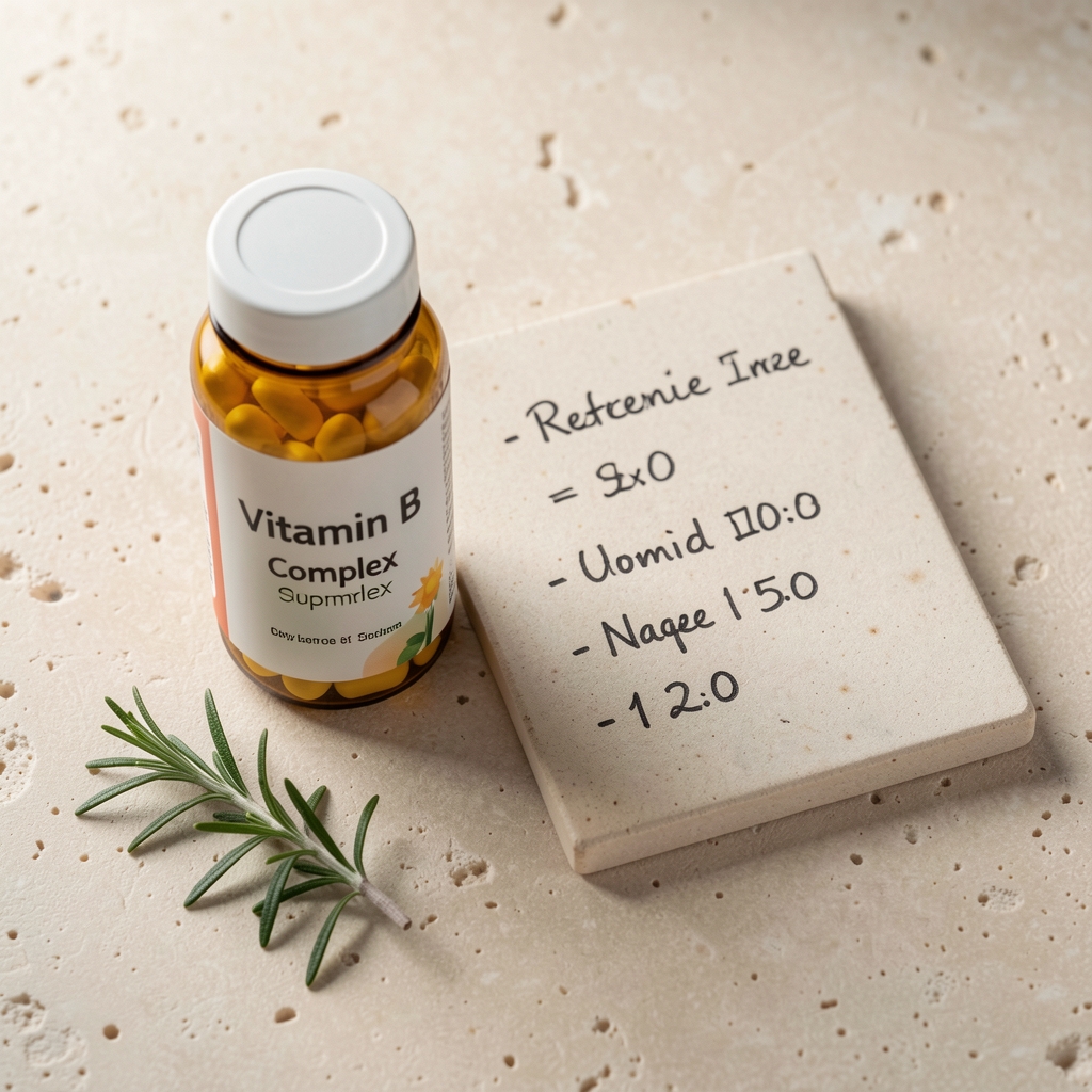 Vitamin B complex supplement serving next to a ceramic tile with handwritten nutrient reference values and a small sprig of rosemary on a pale limestone surface