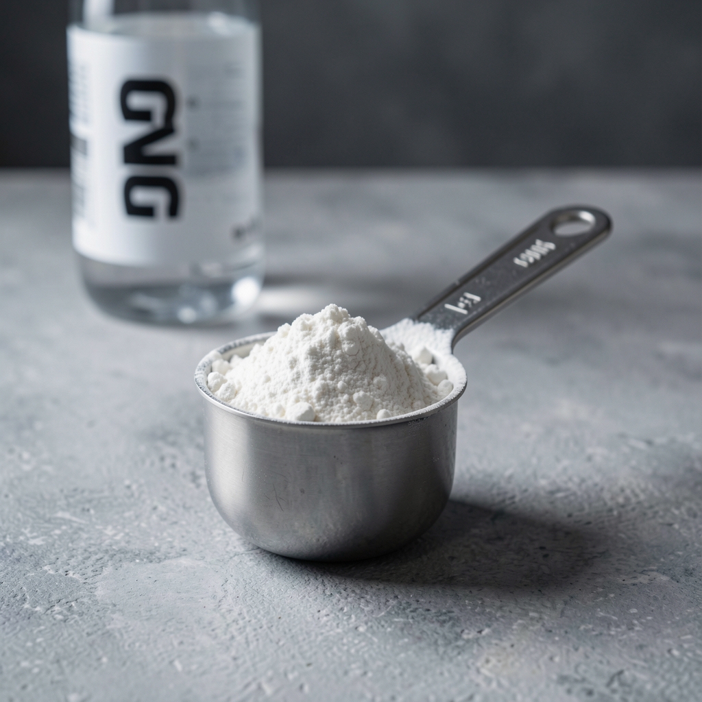 Creatine monohydrate powder in a measuring scoop on a grey textured surface with a gym water bottle partially visible in the background