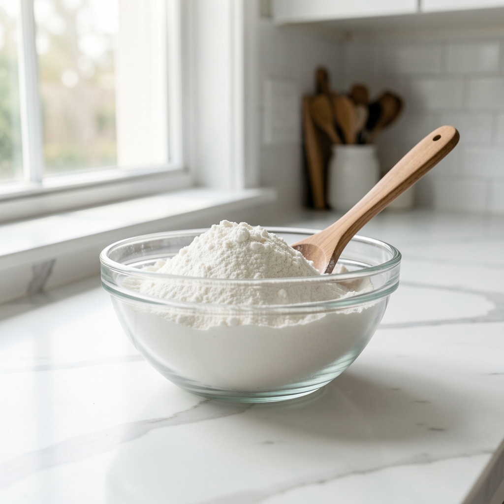 Whey protein isolate powder in a glass mixing bowl with a wooden spoon on a white marble kitchen counter under bright window light