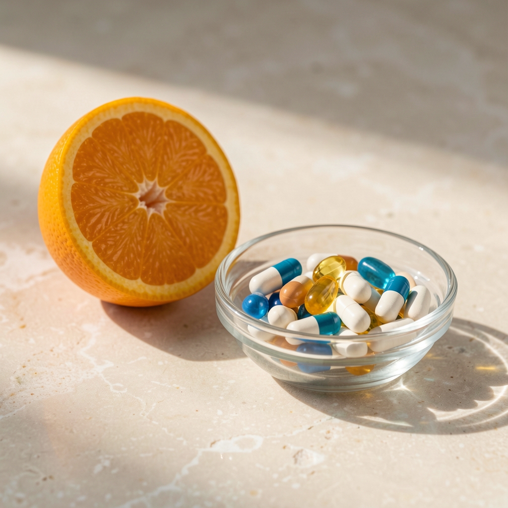 CoQ10 ubiquinol supplement daily serving in a small glass dish beside a sliced orange on a pale stone surface under natural side lighting
