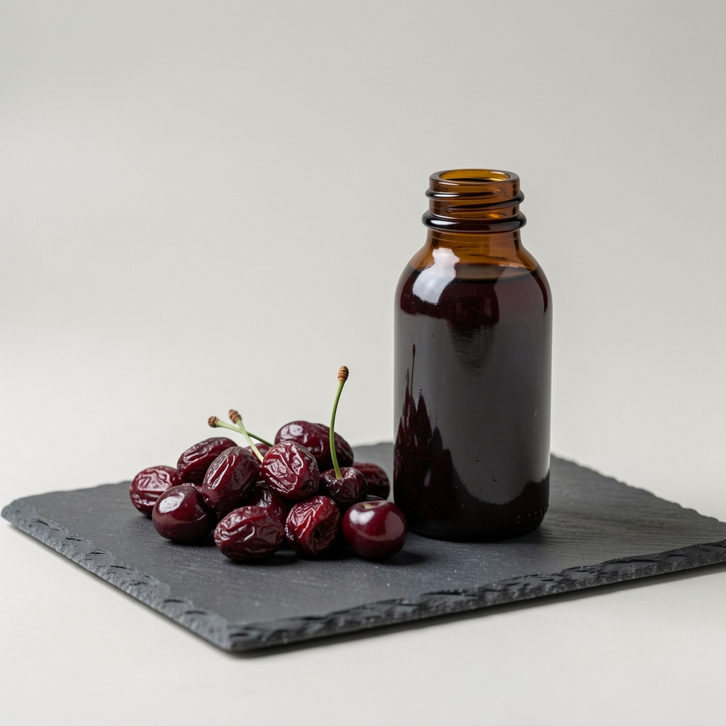 Tart cherry concentrate in a small dark glass bottle beside dried cherries on a slate board in a quality-control environment with clean neutral backdrop